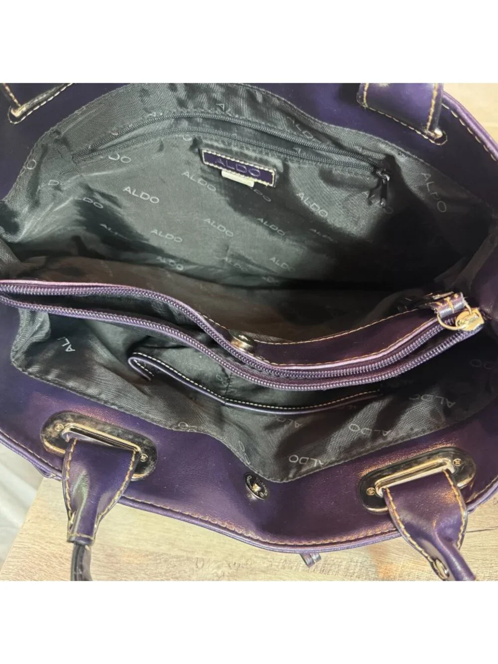 ALDO Purple Tote Shoulder Bag Multi Pocket Large Satchel Silver Hardware